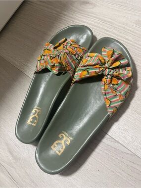 Olive Green Slide Sandals with Mango printed Knot Bow